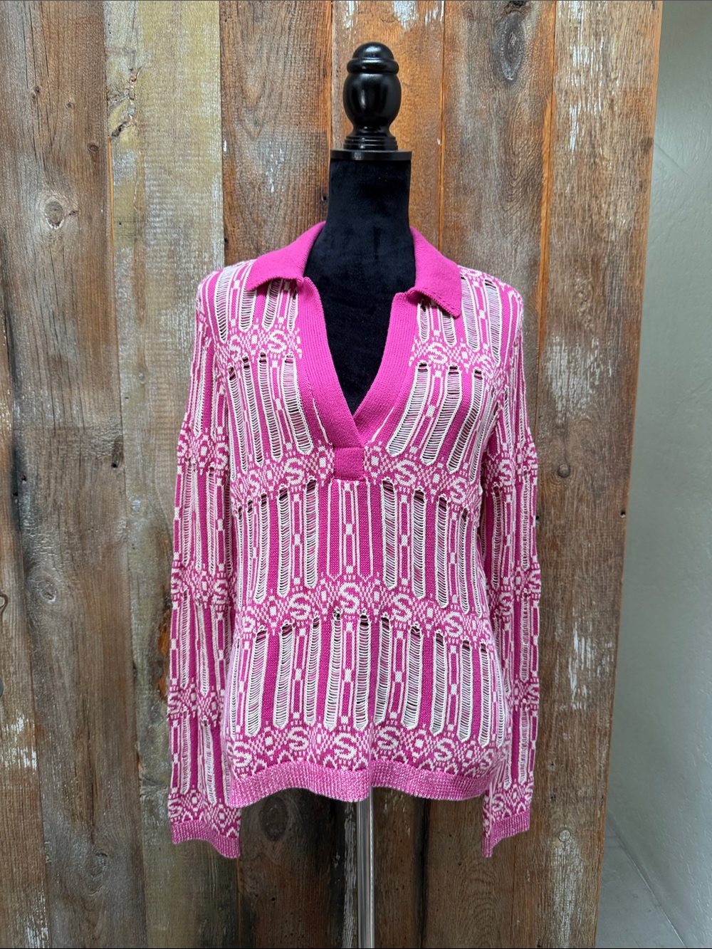STINE GOYA Cotton Pink and White Patterned V-Neck Knit Pullover—Size XL